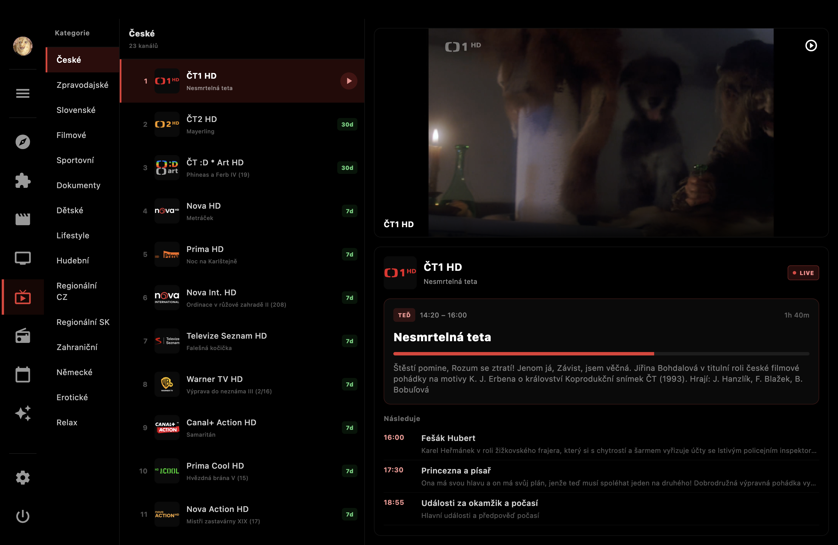 Live TV channel list with preview